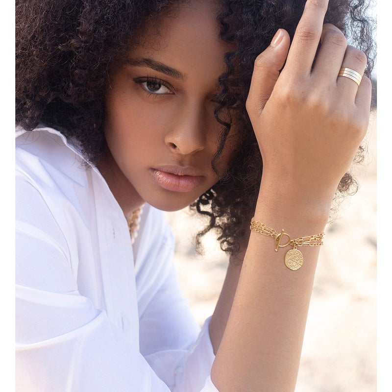 PEARLADA 3-Row 18K Gold Plated Chain Bracelet Dainty Cross Medallion Charm Bracelet OT Toggle Bangle Handmade Stacking Layering Jewelry Fashion Long and Short Oval Link Bracelet for Her - Image 2